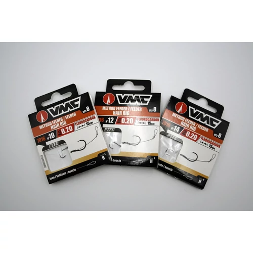 VMC feeder előke, Fluorocarbon zsinórral és végfüllel, 7016-os horoggal, 15cm-es hosszban